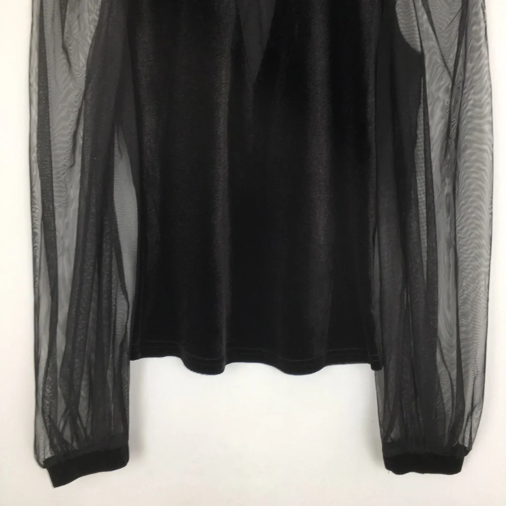 Sexy Y2K Gothic Velour Mesh Top Black Women’s Size M Whimsigoth Long Sleeve - Picture 4 of 10